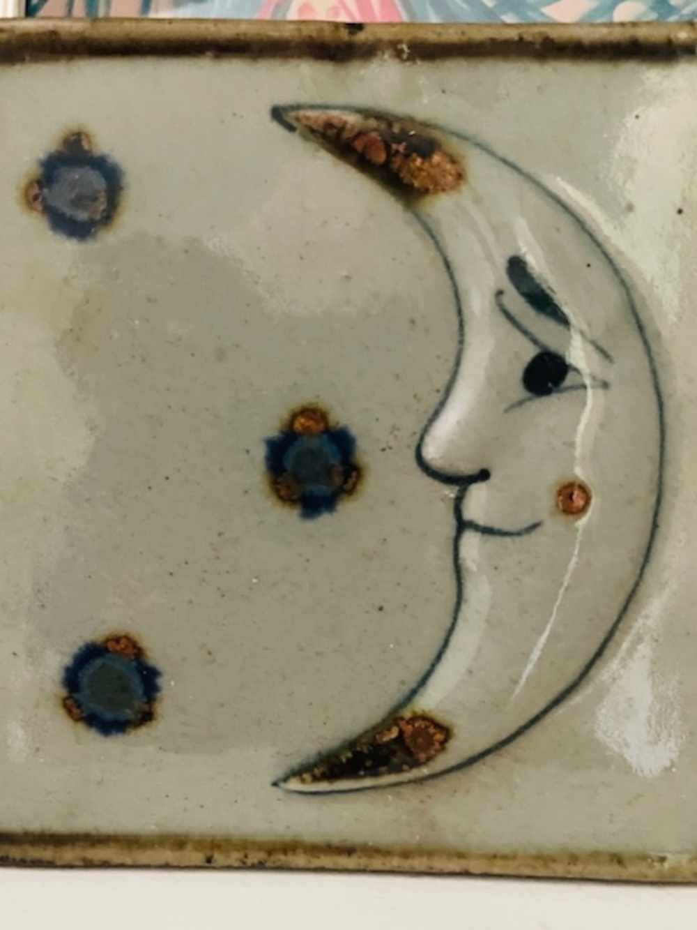 Vintage Hand-Painted Tonala Sun & Moon Ceramic Tile Pair - Picture 4 of 4